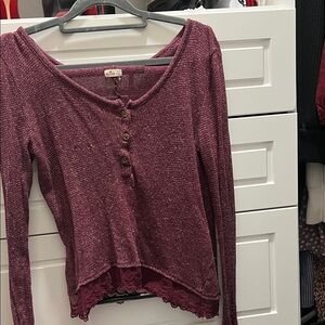 Hollister Maroon Long Sleeve Top with Lace Hem